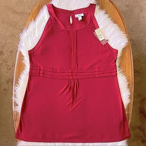 LOFT Deep Red Sleeveless Tunic Top w/Pleated Detail & Decorative Satin-Like Trim